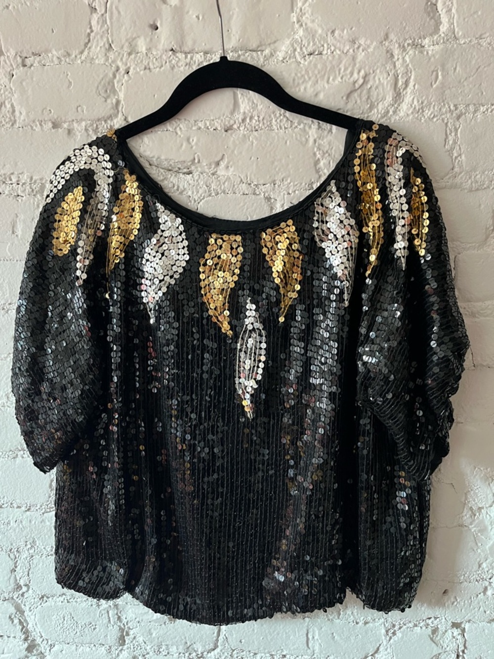 JLB Black Sequin Women's Scoop Neck Top with Gold and Silver Accents